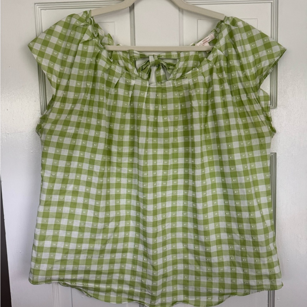 LC Lauren Conrad Green and White Smocked Cap Sleeve Blouse